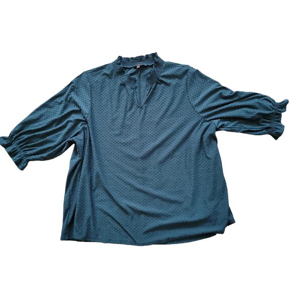Lane Bryant Swiss Dot Mock V-Neck Bubble Elbow Sleeve Teal Blouse Women Sz 26/28 - Picture 1 of 6